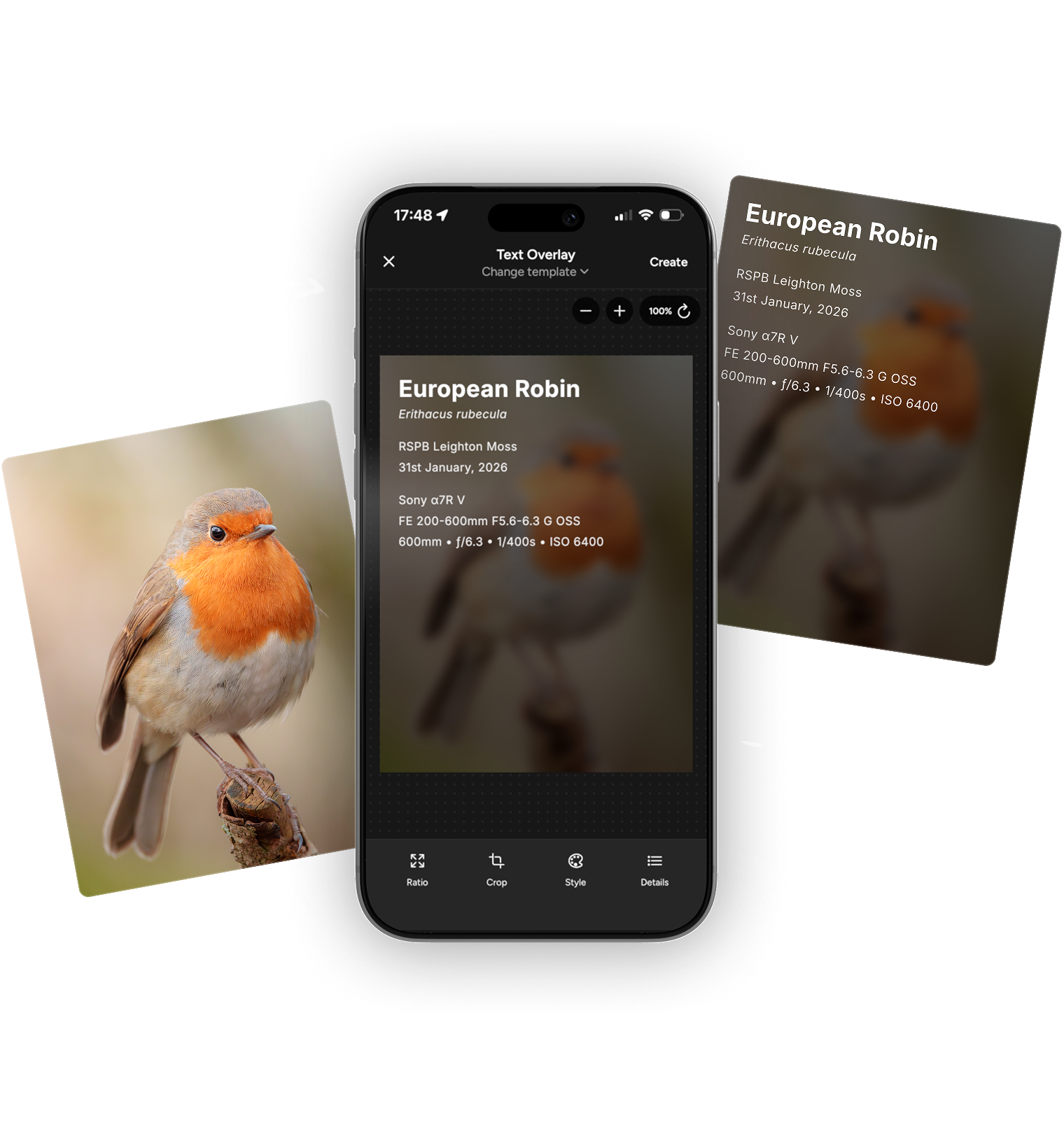 Photospec app showing camera EXIF data overlay on a bird photo